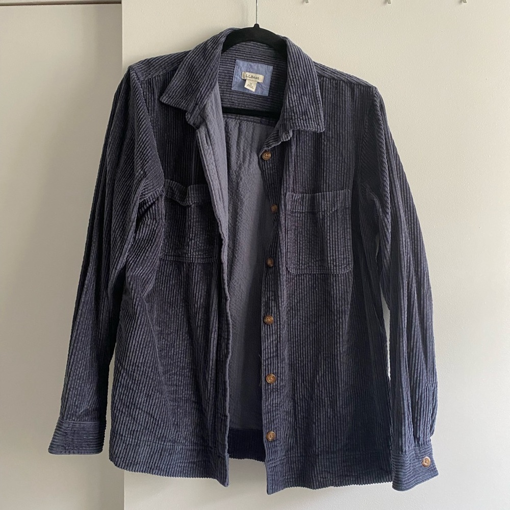 LL Bean corduroy shirt jacket in navy
